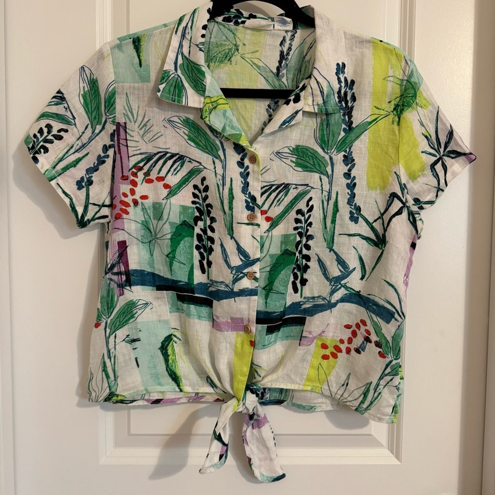 Sigrid Olsen Linen Cropped Button Up Top, M - image 1